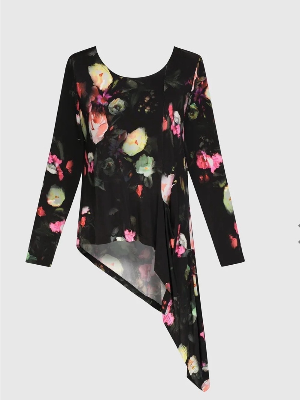 Alembika Drinks On Me Black Floral Asymmetrical Tunic Top Sz 4 (10-12)